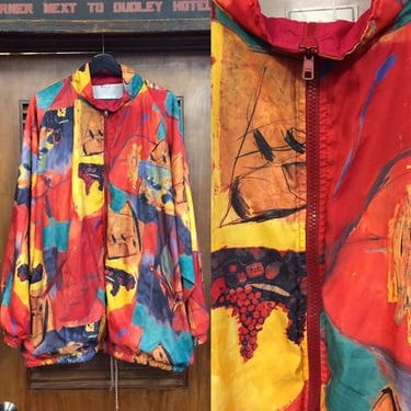 Vintage 1980’s Abstract Art Oversize Shape Windbreaker Jacket, Watercolor, Batwing Jacket, Streetwear, Vintage Clothing 