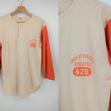 Vintage Seventies Champion Blue Bar University of Virginia Athletics Raglan Sleeve Henley Men's XL Shirt 