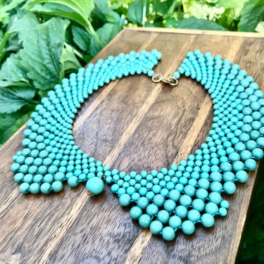 Peter Pan Collar Faux Pearl Blue Turquoise Bib Necklace Vintage Retro Jewelry Mid Century 