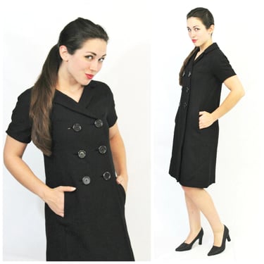 Vintage 60's Mod Minimalist Black Wool Double Breasted Sheath Coat Dress I. Magnin California Jackie O' High End Fashion // US 0 2 4 