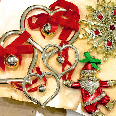VINTAGE: 6pc -  Gold Plastic Ornaments - Heats, Santa, Snowflake - Holiday, Christmas - Christmas Finds - SKU Tub-28-00034509 