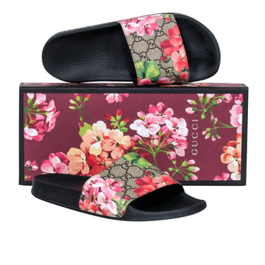 Gucci - Brown Monogram &quot;GG Blooms Supreme Floral Slide Sandals&quot; Sz 8