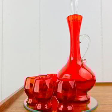 Vintage Empoli Red Glass Decanter Set with 5 glasses, Italian hand blown glass, red with clear handle, clear stopper, for serving, art glass 