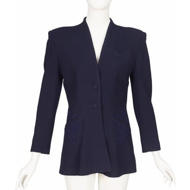 Emmanuelle Khanh 1980s-does-1940s Vintage Beaded Navy Wool Crepe Evening Jacket Sz XS 
