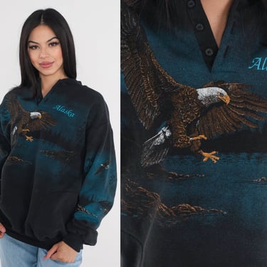 Alaska Eagle Sweatshirt 90s Henley Sweatshirt Wildlife Bird Graphic Shirt Front Back Print Crewneck Sweater Black Vintage 1990s Mens XL 