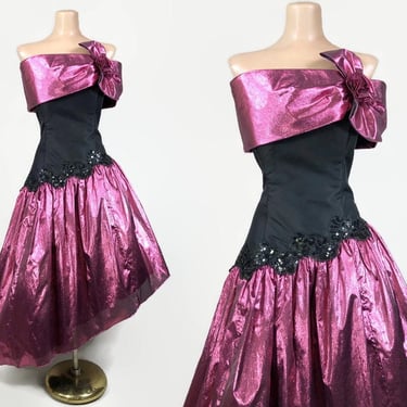 Vintage 80s Pink Metallic Party Dress by Jessica McClintock Gunne Sax Size 13/14 | 1980s Foil Lamé Futuristic New Wave Prom Dress | vfg 