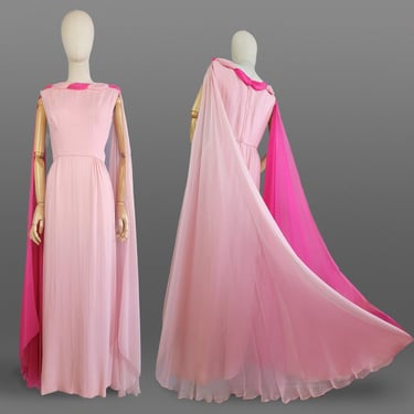 Pink Chiffon Gown /Martha Weathered Evening Dress / 1950s Light Pink and Hot Pink Gown / Two Toned Pink Dress / Size Medium 
