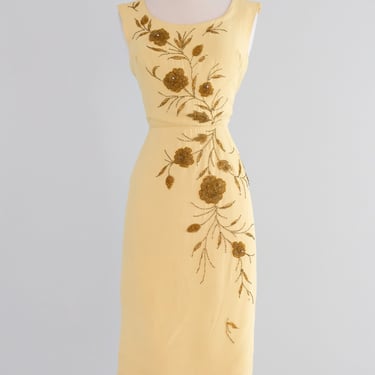Vintage 1960's Butter Yellow Beaded Cocktail Dress by Smart Miss / S