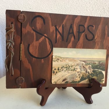 SALE Vintage kitsch rustic Snaps photo album wood with leather ties plus Grand Canyon 3D accent 10”x7” x1/2” 