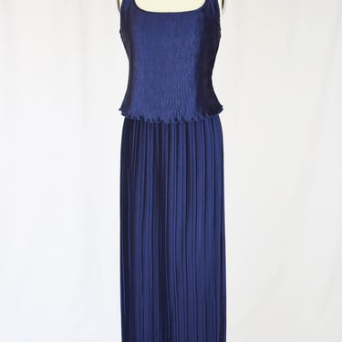 Vintage Plisse Pleated Dress Set by Jeanne Marc | M/L | 1990s Deep Blue Satin Tank Top Blouse and Column Skirt 