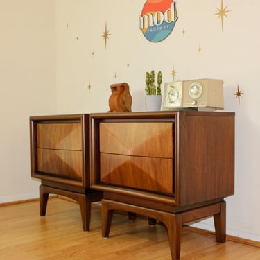 Pair - Mid Century "Diamond Front" Walnut Nightstands by United