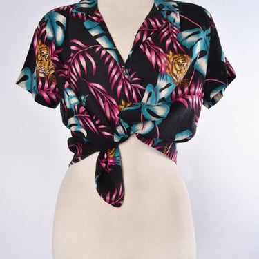 70's Black Tiger Hawaiian Shirt CONTEMPO CASUALS 1970's Disco era Blouse Top Hippie Vintage 