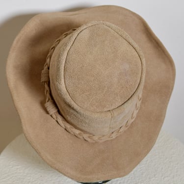 Vintage 1970s Neutral Suede LEATHER Braided MINNETONKA Western Cowboy Made in USA Boho HIppie Sun Hat M 