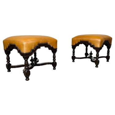 William & Mary Style Cognac Leather Ottoman Benches By Marge Carson 