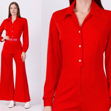 70s Retro Red Flared Leg Jumpsuit - Medium | Vintage Button Up Long Sleeve Collared Disco Leisure Suit 