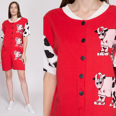 Med-Lrg 80s Retro Cow Romper | Vintage Red White Slouchy Loungewear Playsuit Outfit 