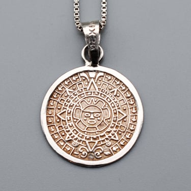 90's sterling gold wash Mayan calendar pendant, detailed Mexico 925 silver vermeil disc Italy box chain necklace 