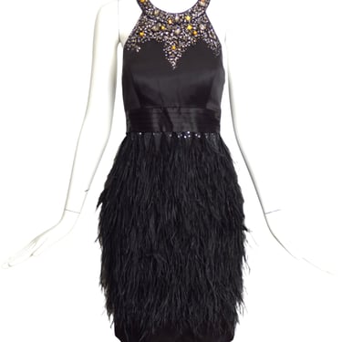 SUE WONG- Black Feather & Satin Dress, Size 6