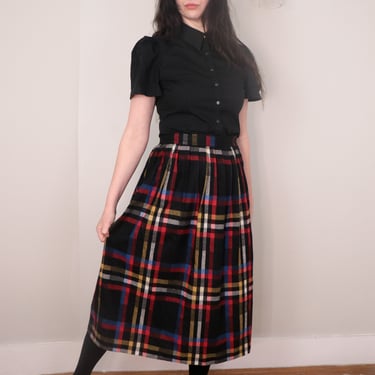 1980's Mid-Calf Skirt/ Vintage Wool Skirt in Primary Colors/ Jack Winter Pleated Skirt/ 26" Waist 