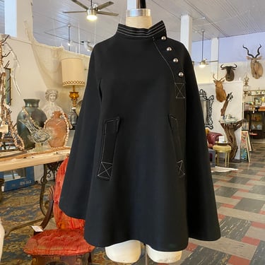 1960s black wool cape, mod style, vintage coat, 60s outerwear, classic fashion, medium, swinging sixties, asymmetrical buttons, London style 