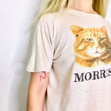 Morris the Cat Tee // vintage t-shirt boho hippie cats t shirt dress off white cotton blouse top 70s 80s // S/M 