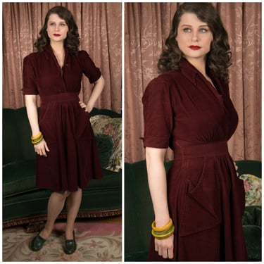 1940s Dress - Charming Vintage 40s Juniors Dress in Mahogany Corduroy with Short Sleeves and Giant Pockets 
