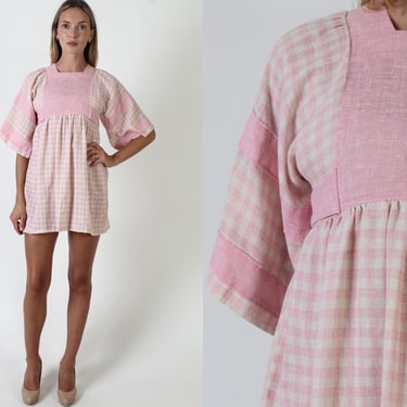 Barbiecore Pink Gingham Mini Dress, Checker Fan Bell Sleeves, Vintage 70s Prairie Picnic Sundress 