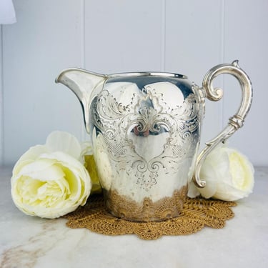 Vintage Silverplate Engraved Pitcher, Elegant Ornate Sculptural handle, Thumb hold, Laurel pattern, heart centre, for water, flowers, gift 