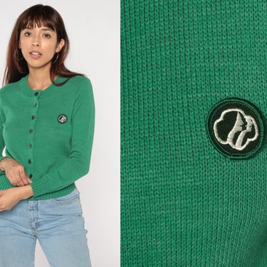 Vintage Girl Scouts Cardigan 60s 70s Green Knit Button Up Sweater Retro Brownies Girl Scout USA America Preppy Knitwear 1960s 1970s Small S 