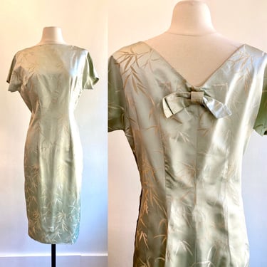 Vintage 50's SILVER SILK Dress / Back Bow Detail + Bamboo Print / L 
