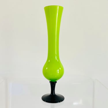 Vintage 1960s MID Century Retro Teal Pedestal Base Lime Green Cased Art Glass Bud Vase Hand Blown Leftons Japan 