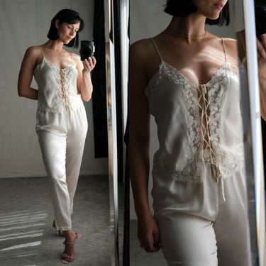 NK IMODE Ivory Silk Front Laced Rhinestone Camisole & Silk Pant Sleepwear Set | 100% Silk | 2000s Y2K Designer Silk Intimates Pajamas 