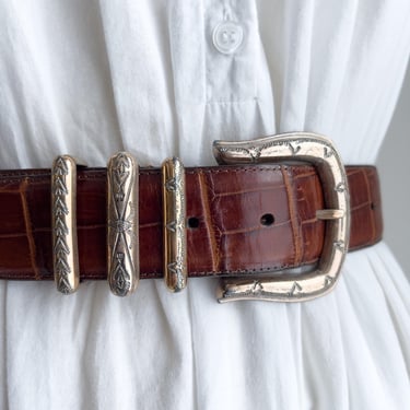 Brighton belt 90s vintage brown alligator leather wide statement belt 