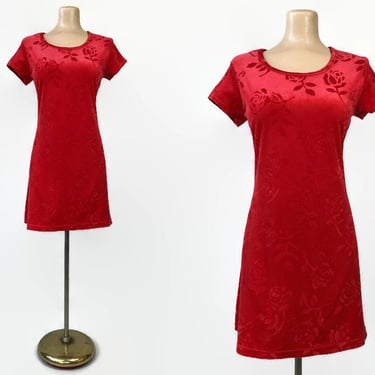 VINTAGE 90s Red Stretch Velvet Roses Mini Dress by Knapp Studio Sz M | 1990s Burnout Velvet Party Dress | VFG 