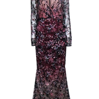 Talbot Runhof - Black & Pink Embroidered Overlay Gown Sz 6