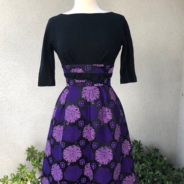 Vintage mid century gorgeous cocktail dress Black wool purple floral tapersty Limited Editions Elliette sz S 