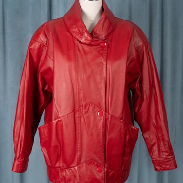 Vintage 80s TNT Morgan Taylor Red (RARE) Leather Oversized Bomber Jacket with Fold Over Collar 