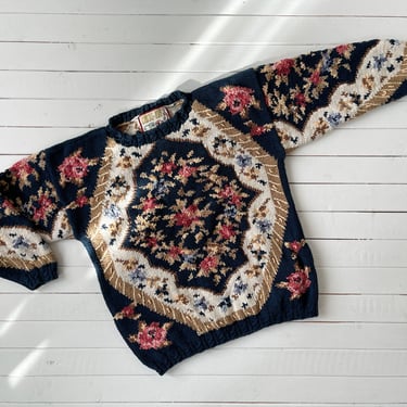 embroidered sweater 80s 90s vintage Crystal Kobe navy blue pink rococo style floral sweater 