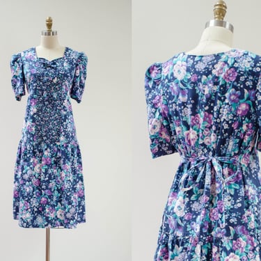cute cottagecore dress | 80s vintage dark blue floral puff sleeve drop waist bowtie romantic dress 