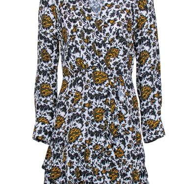 Sandro - White w/ Yellow & Black Floral Print Long Sleeve Mini Dress Sz 2