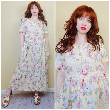 1990s Vintage Bryn Connelly Pale Yellow Floral Dress / 90s Grunge Rayon Flower Smock Dress / Size Large 