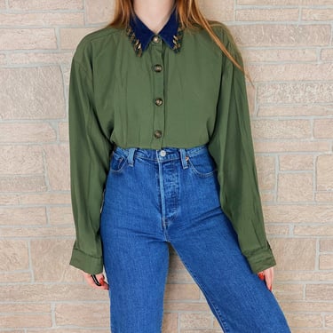 90's Minimalist Olive Green Contrast Collar Blouse 
