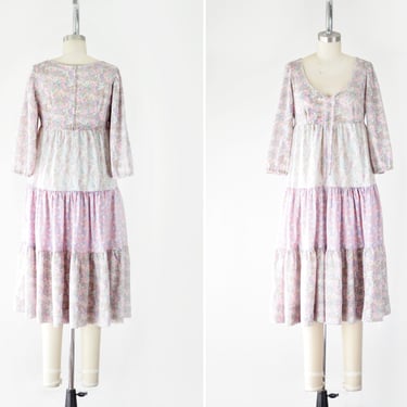 Floral & Paisley Peasant Dress XS S / Tiered Midi Dress / Empire Waist Prairie Dress / Mixed Prints Dress / Pastel Boho Midi Dress 