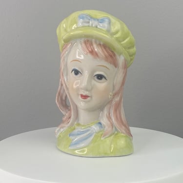 Vintage Lady Head Vase | Hand Painted Nippon Lady head Planter | Yellow Bonnet Hat Blue Bow Red Hair Hand Painted Ceramic Art Pottery Vase 