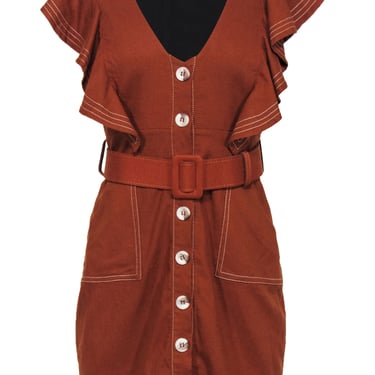 PatBO - Terracotta Linen Blend Ruffled Button-Front Dress w/ Belt Sz 8