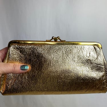 60’s shiny bright gold clutch purse~ strapless handbag~ Mod retro glam evening bag pleather sleek 1960s 