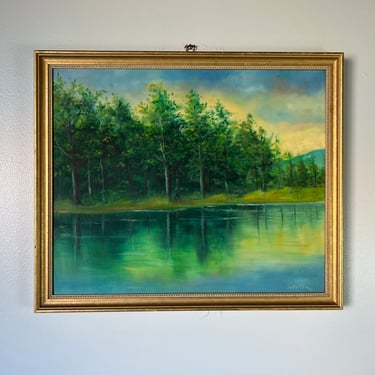 Vintage Hector Arias Impressionist Forest Lake Landscape Painting, Framed 