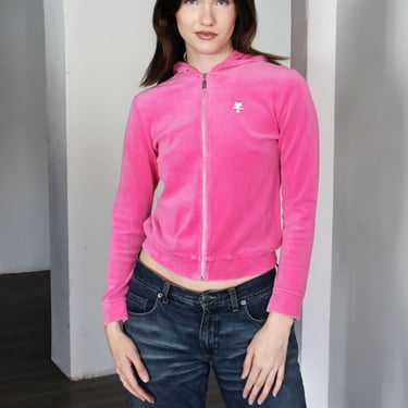 Vintage COURREGES 1990s Paris Hot Pink Velour Hoodie with Logo in Neon Top Zip Front Made in Paris sz 38 XS S 