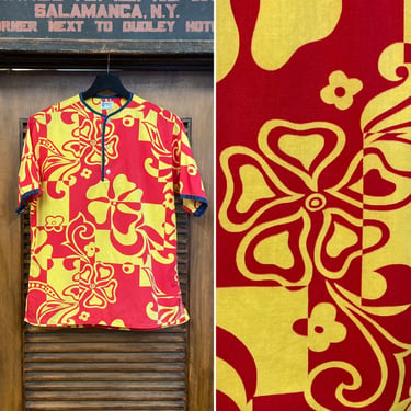 Vintage 1960’s “Towncraft” Mod Floral Cotton Pop Art Hawaiian Henley Pullover Shirt, 60’s Op Art, Vintage Clothing 
