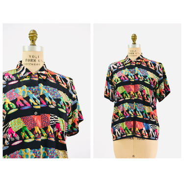 90s Vintage Nicole Miller Silk Shirt Size Small Medium  90s High Heel Fashion Shoe Print Vintage Fashion Print Rainbow Silk shirt 